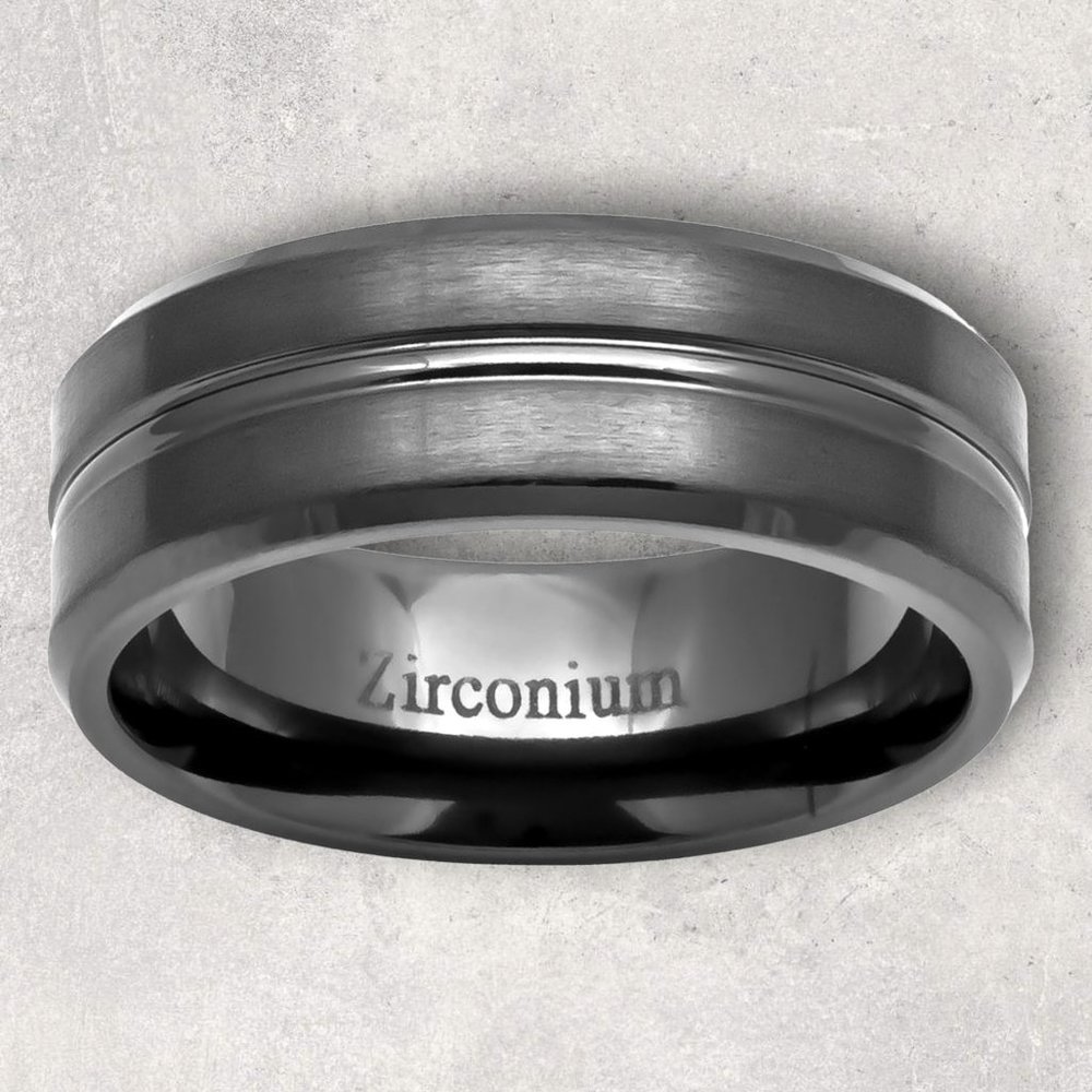 8mm Zirconium Grooved Center Beveled Edge Men's Wedding Band